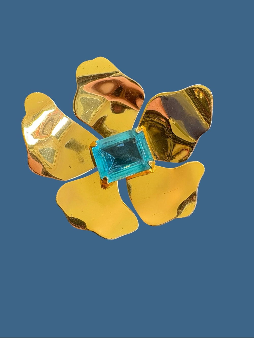 Vintage 1940’s Coro Sterling Gold plated Flower Brooch with Blue Square Stone